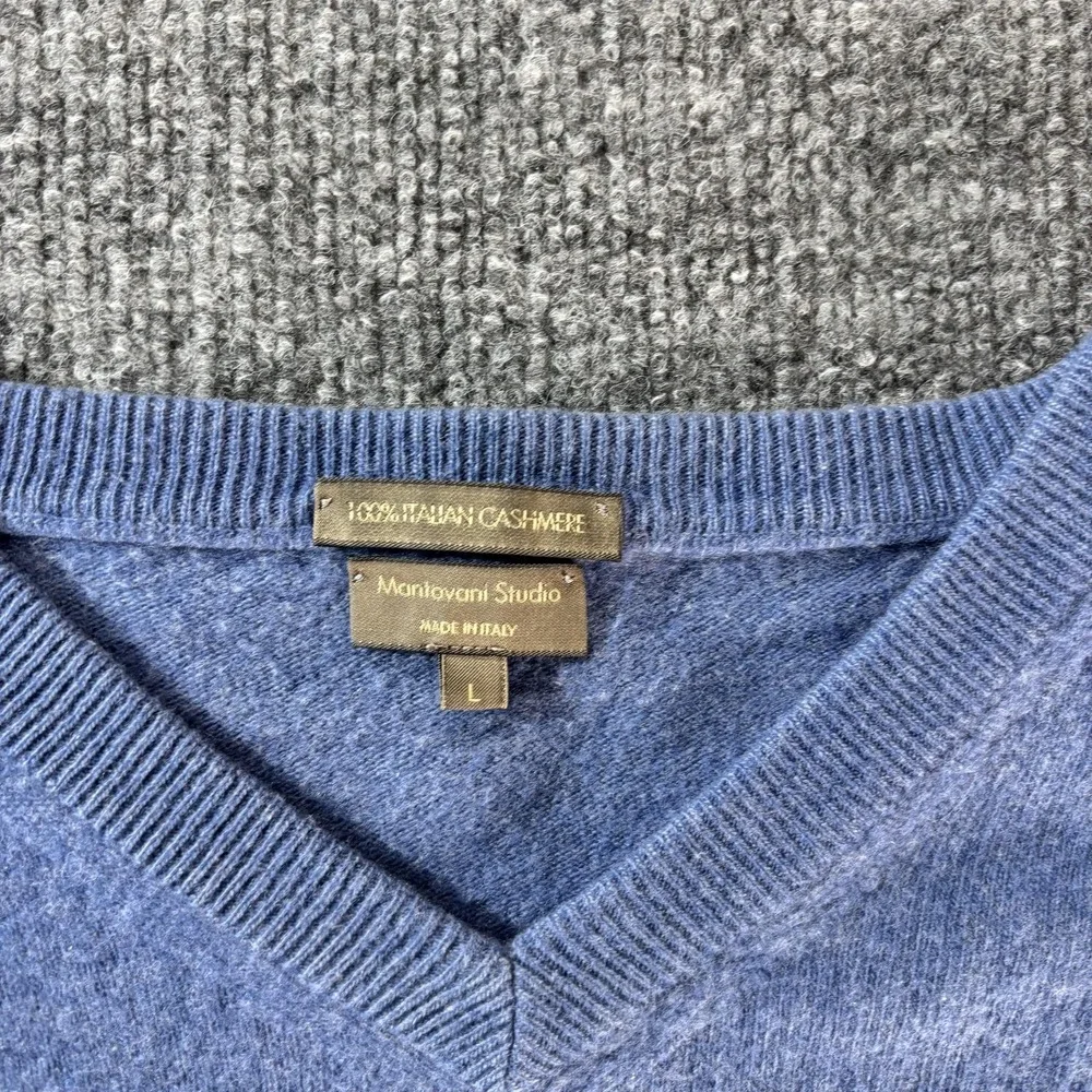 Mantovani Studio Sweater Mens Large Blue Cashmere‎ V Neck Knit Pullover Italy